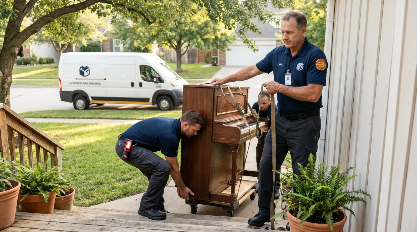 Licensed piano movers securing grand piano in Tye, TX