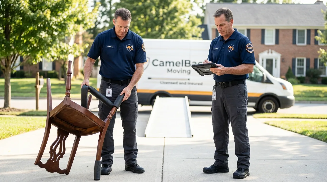 Movers inspecting furniture for damage prevention before loading in Tye, TX
