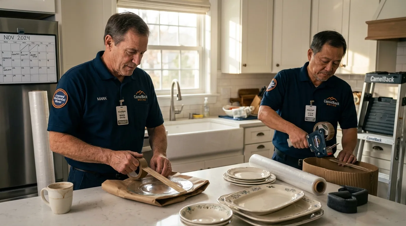 Professional crew packing kitchen dishware in Tye, TX